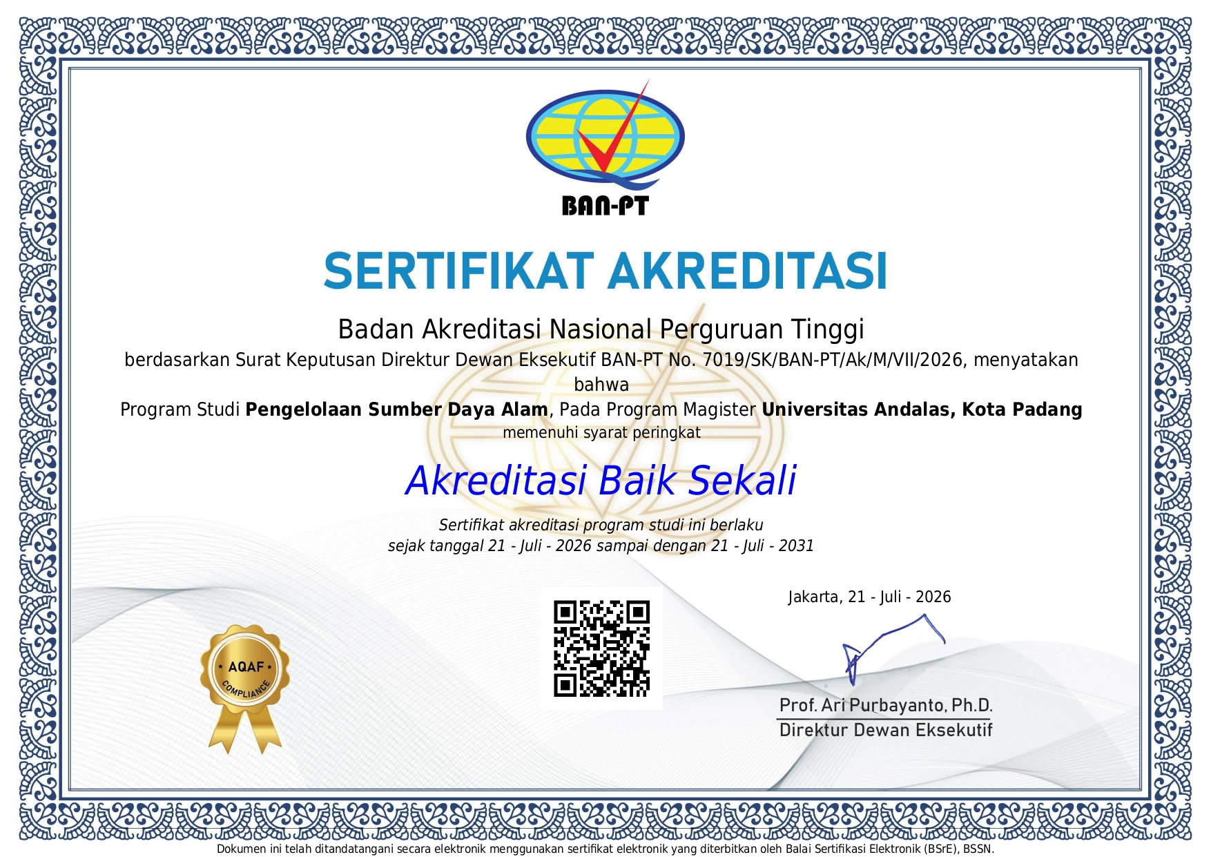 Sertifikat akreditasi Program Magister Pengelolaan Sumber Daya Alam